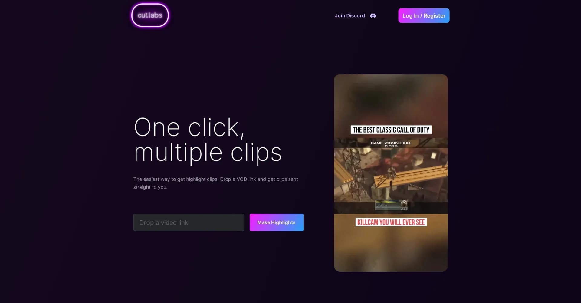 CutLabs homepage screenshot — Create viral highlight clips from your stream in minutes.