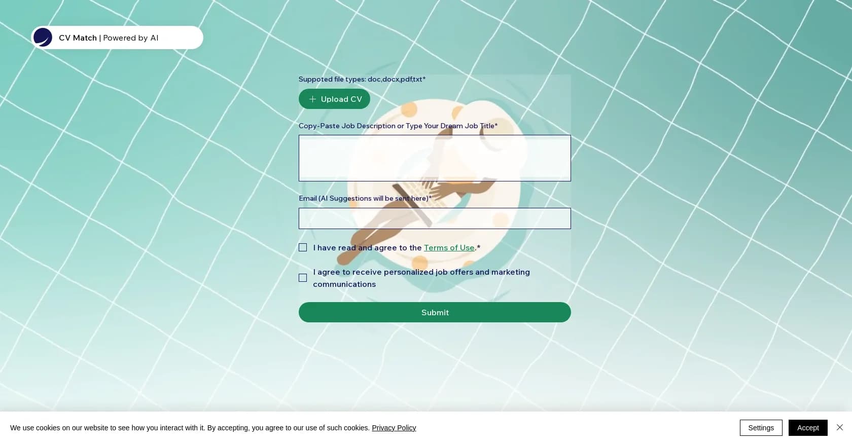 CV Match Pro homepage screenshot — AI-powered CV optimization for dream jobs
