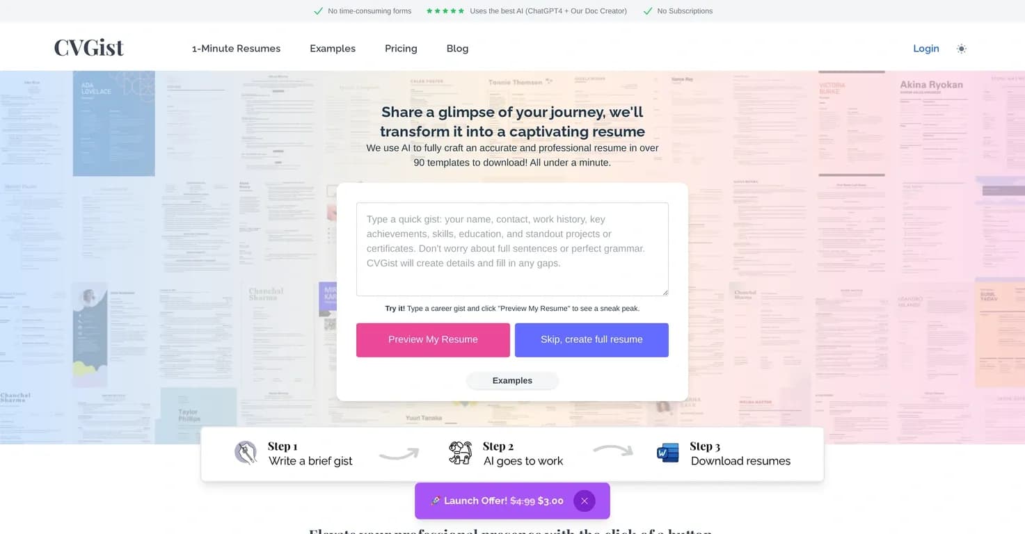 CVGist homepage screenshot — AI-powered resumes in one minute.