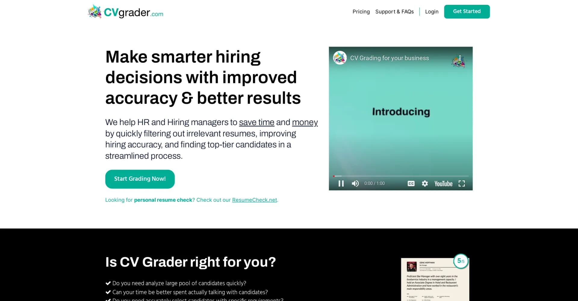 CVGrader homepage screenshot — Analyze all candidates in minutes