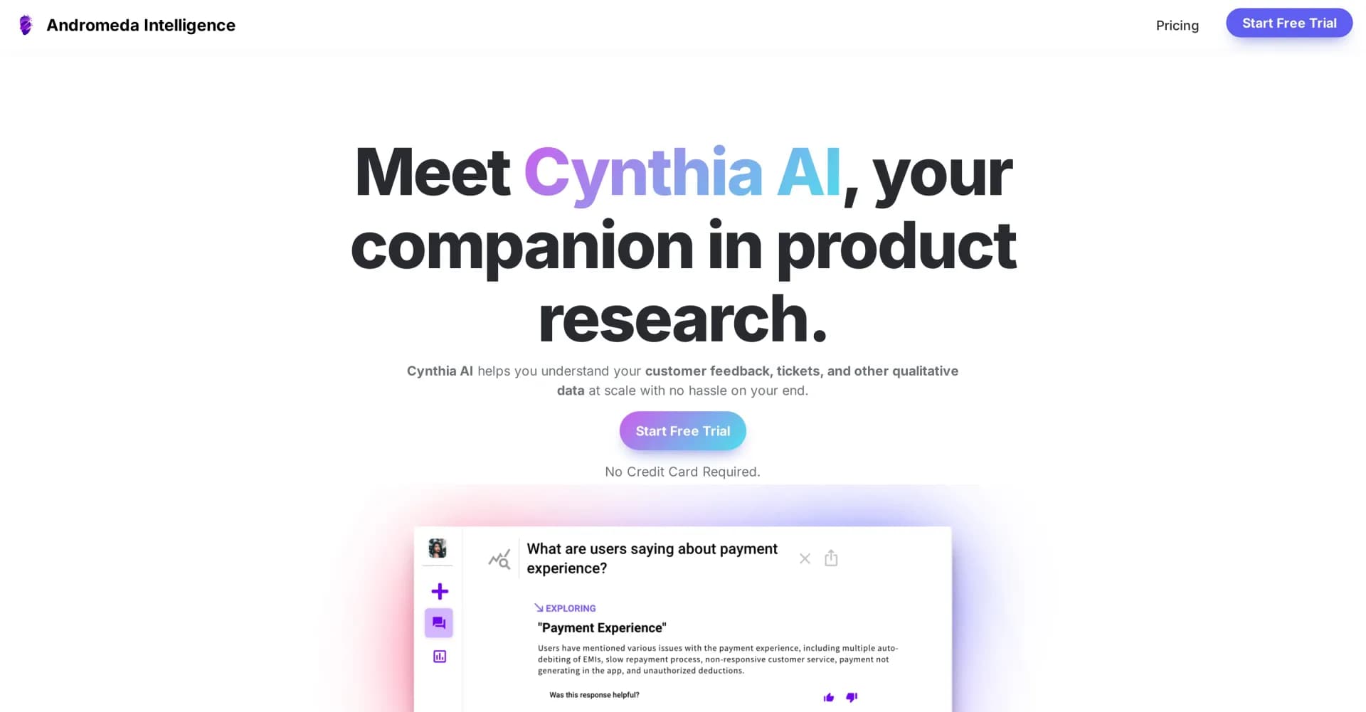 Cynthia AI homepage screenshot — Unlock hidden product insights from customer feedback.