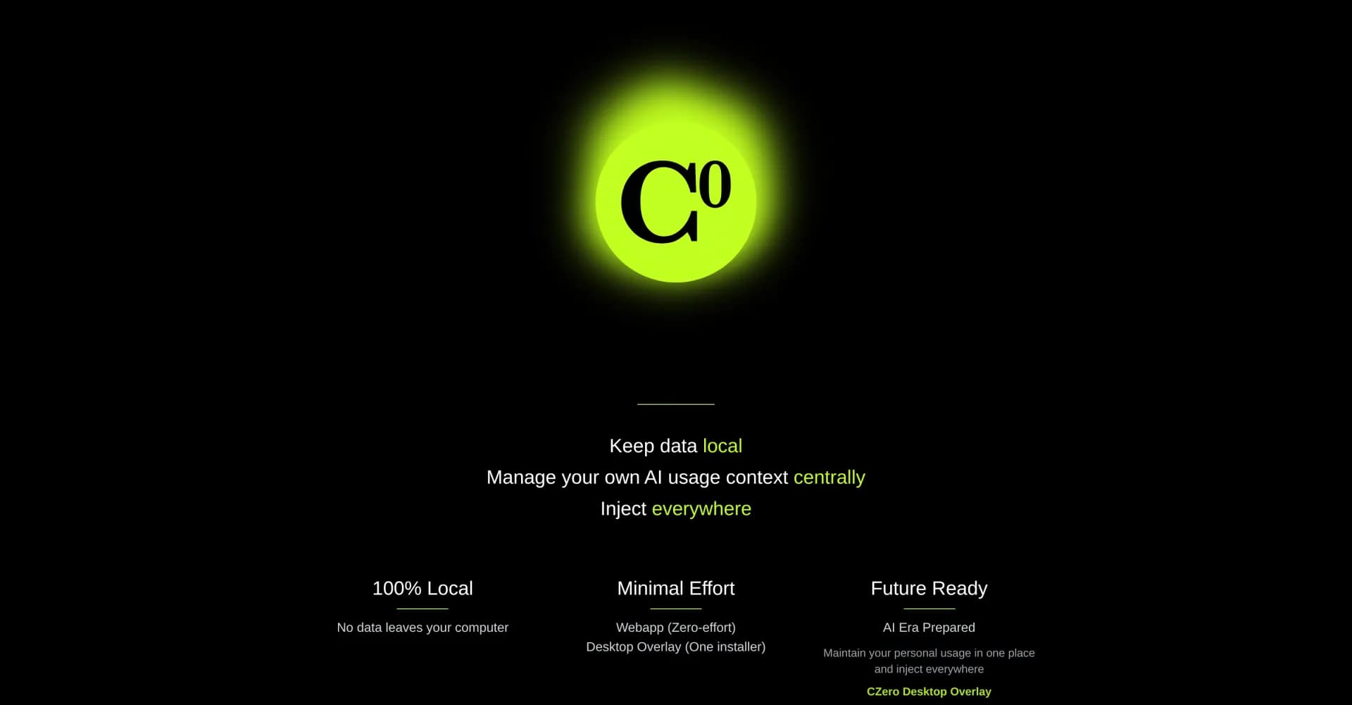 CZero Engine homepage screenshot — Your privacy-first personal AI that never leaves your comput