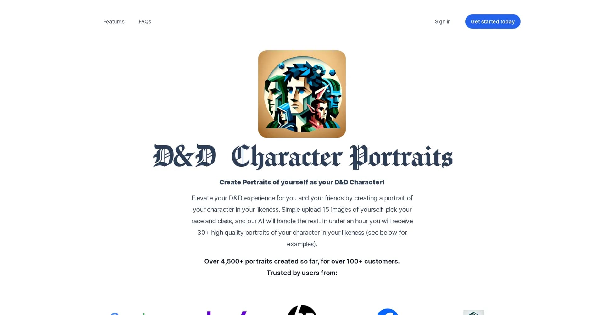 D&D Character Portraits homepage screenshot — Transform yourself into your D&D character portrait.