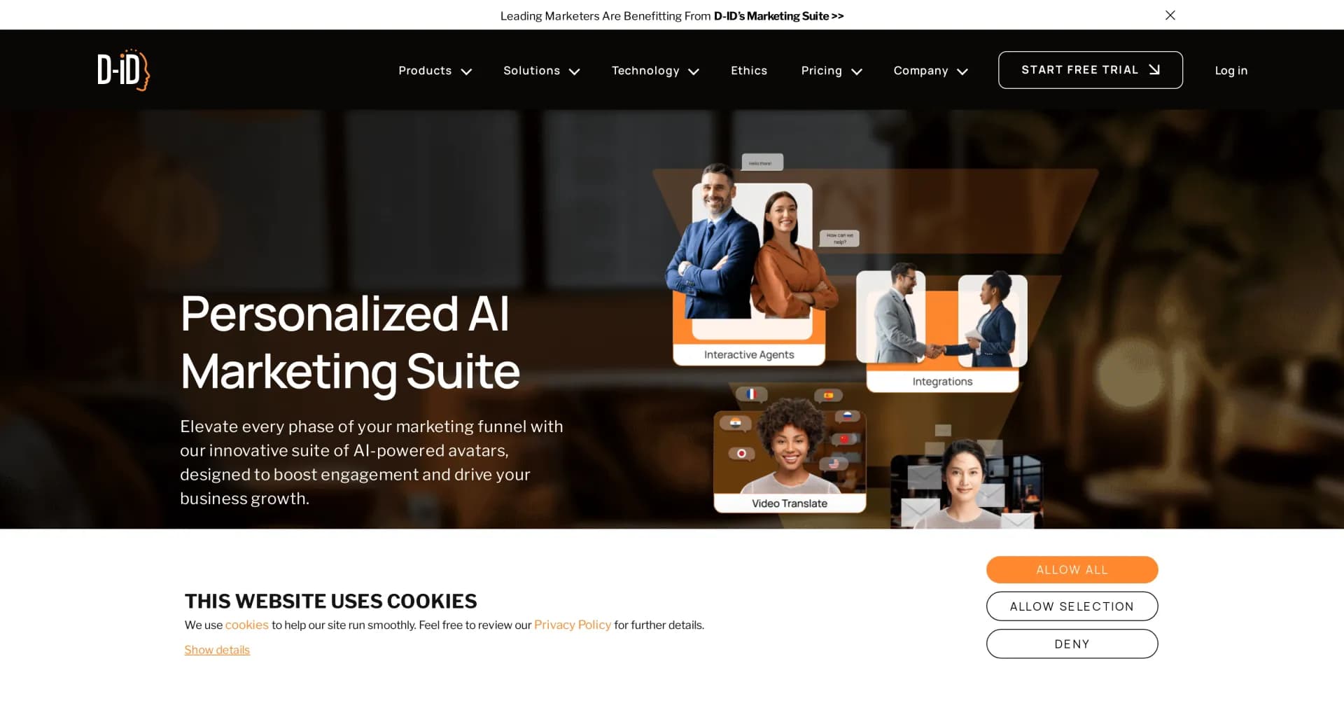 D-ID AI Marketing Suite homepage screenshot — Empower marketing with personalized AI solutions