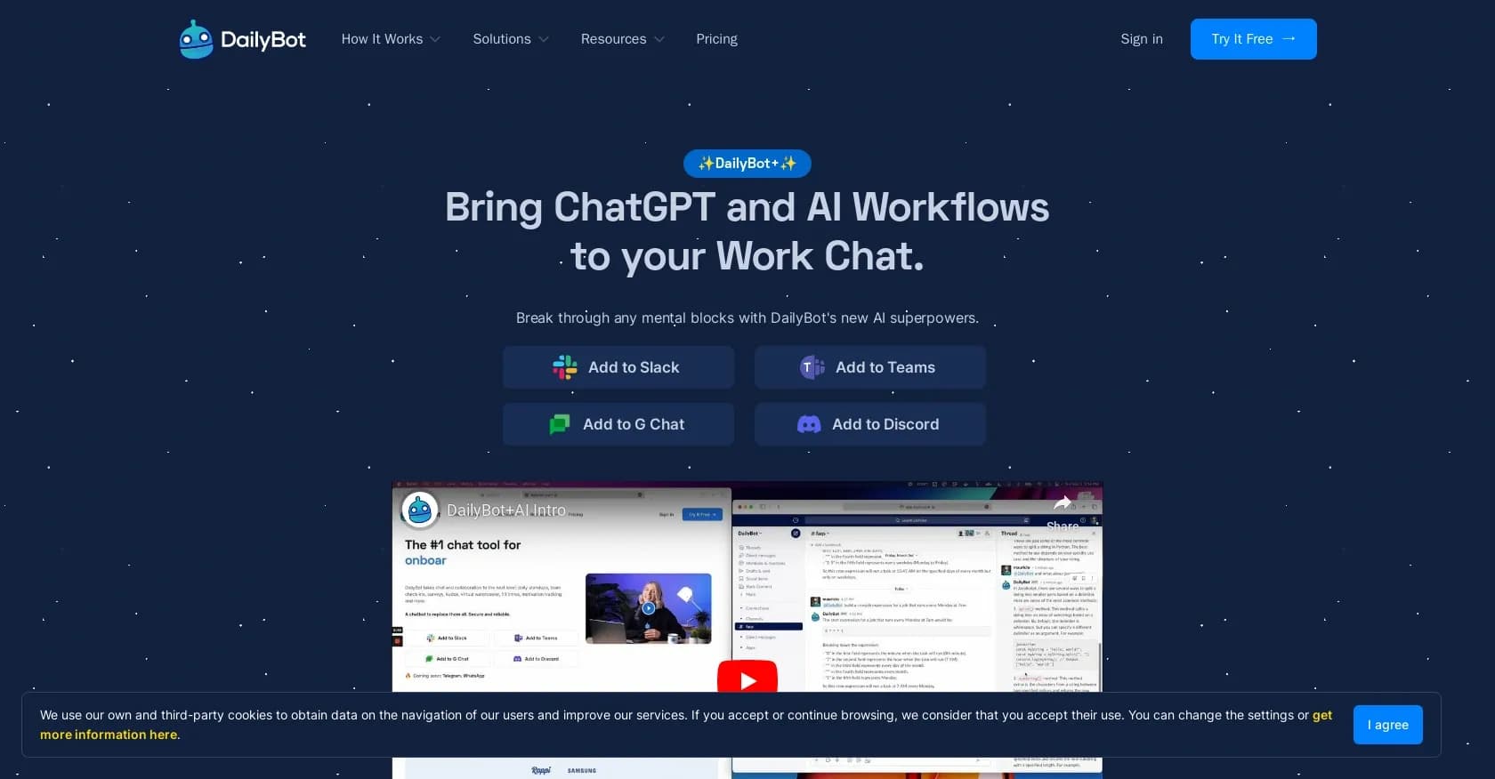 DailyBot homepage screenshot — AI-powered workflows in your team chat