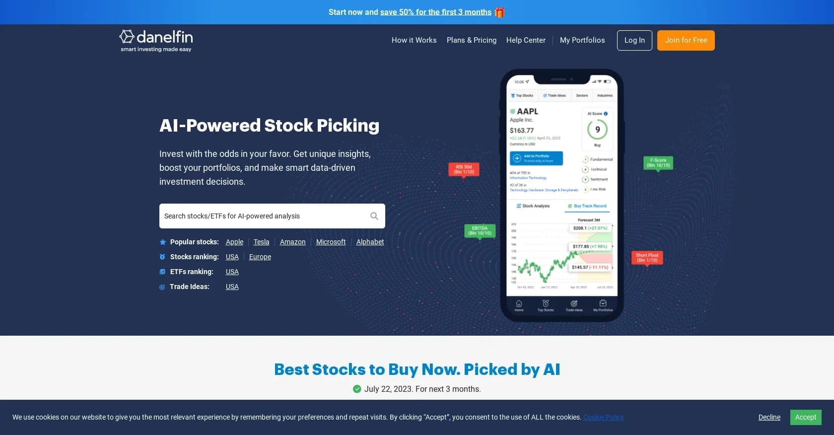 Danelfin homepage screenshot — AI-powered stock picking to boost your portfolio.