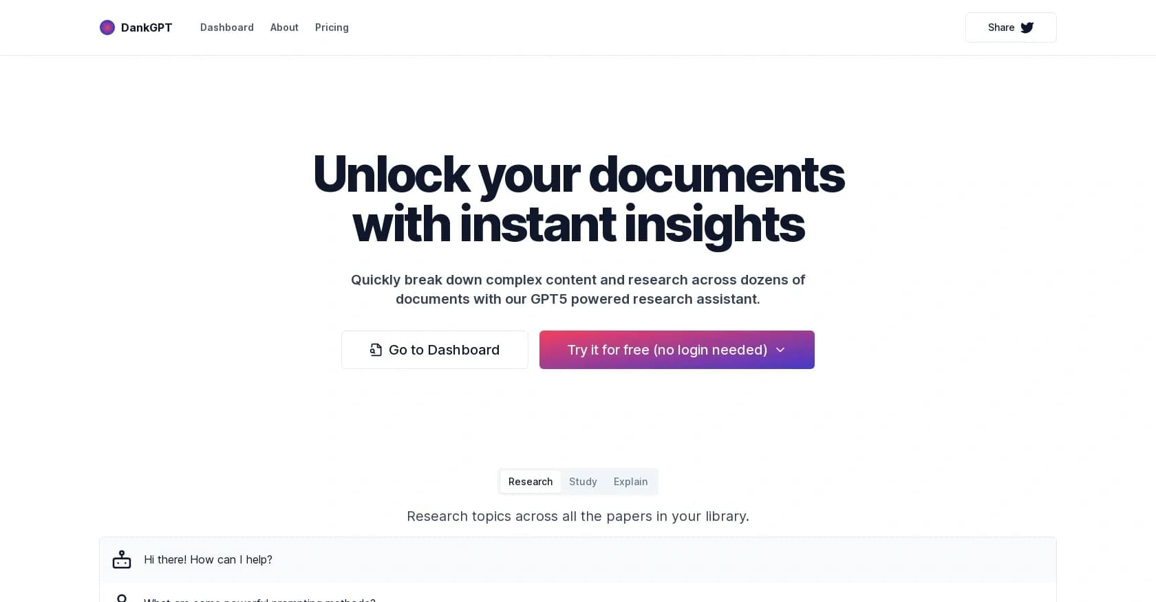 Dankgpt homepage screenshot — Break down complex content with AI-powered insights.