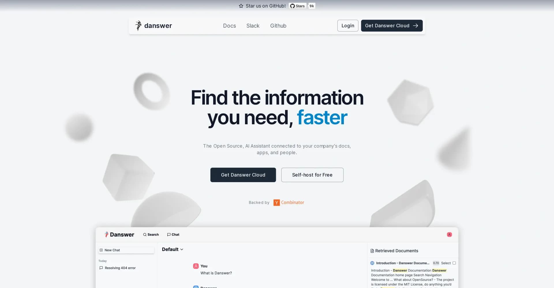 Danswer homepage screenshot — Find company info faster with AI-powered search.