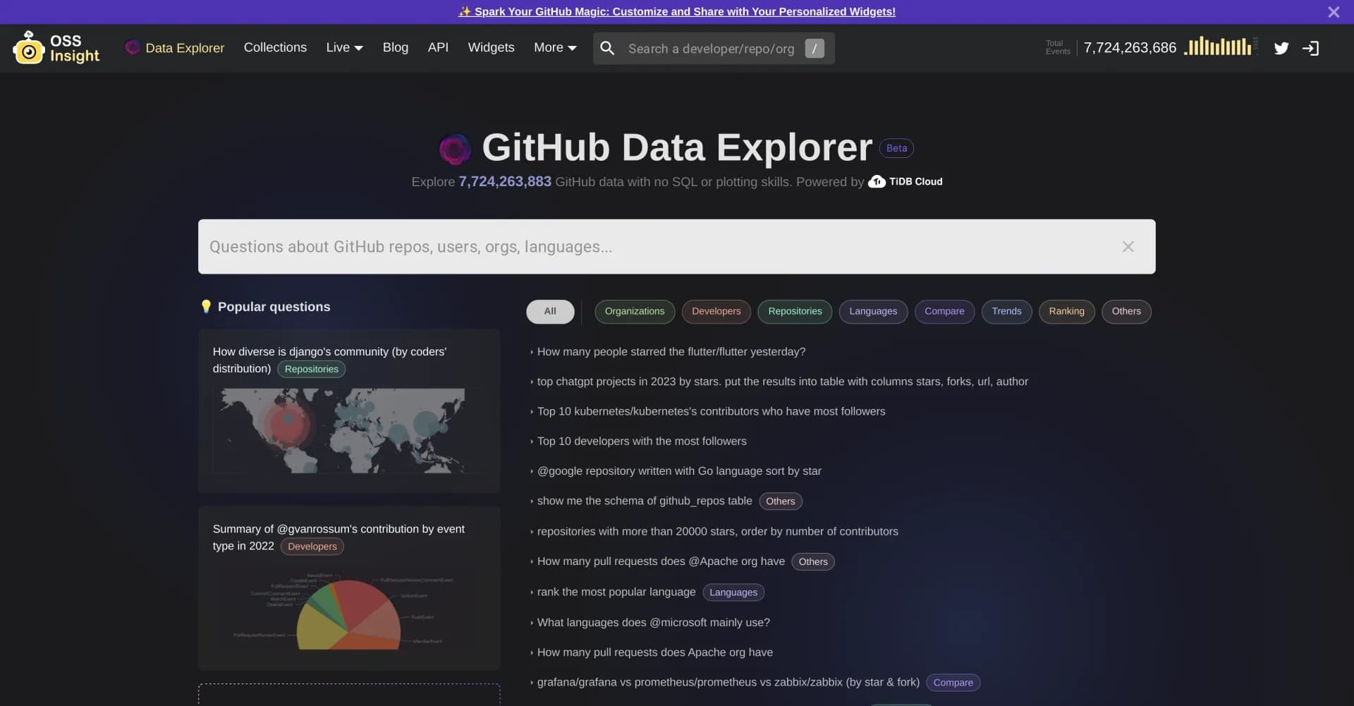 GitHub Data Explorer homepage screenshot — Discover GitHub insights with AI-generated SQL queries