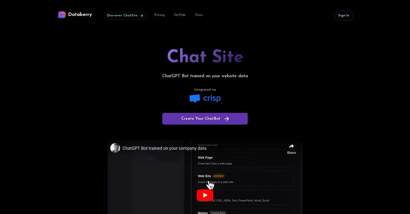 Databerry homepage screenshot — ChatGPT Bot trained on your company data