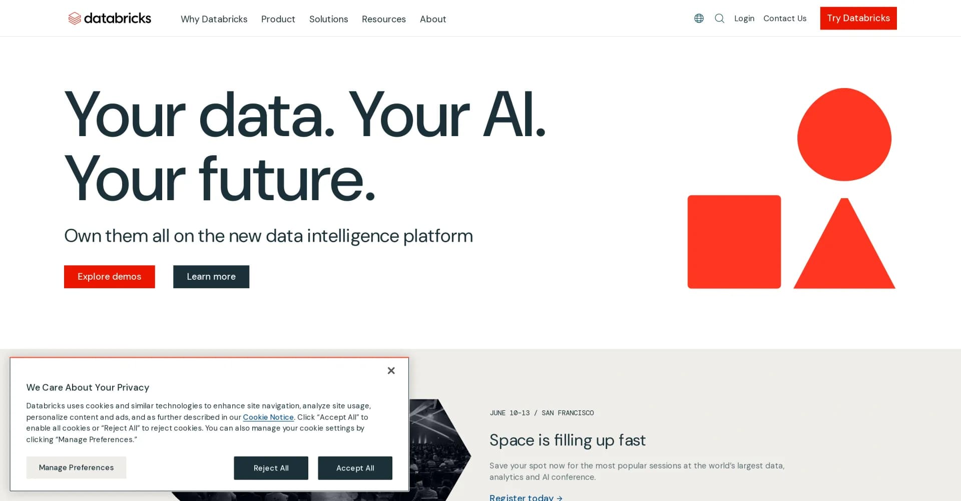 Databricks homepage screenshot — Infuse AI into every facet of your business