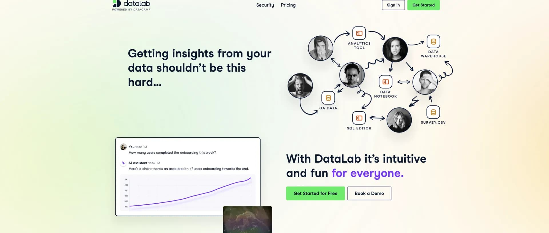 DataLab homepage screenshot — From data to insights in seconds, right in your browser.