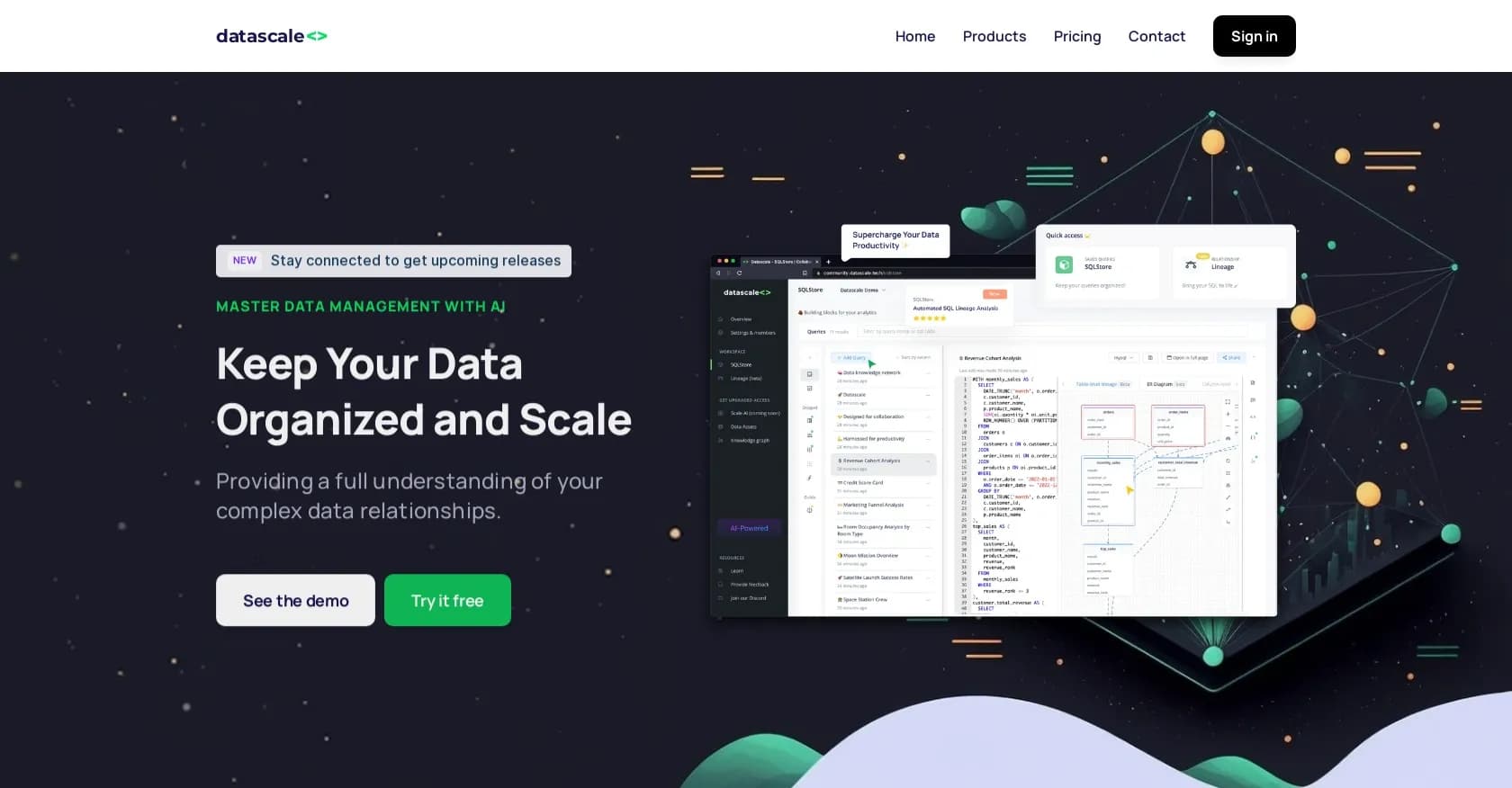 Datascale homepage screenshot — Supercharge your data productivity