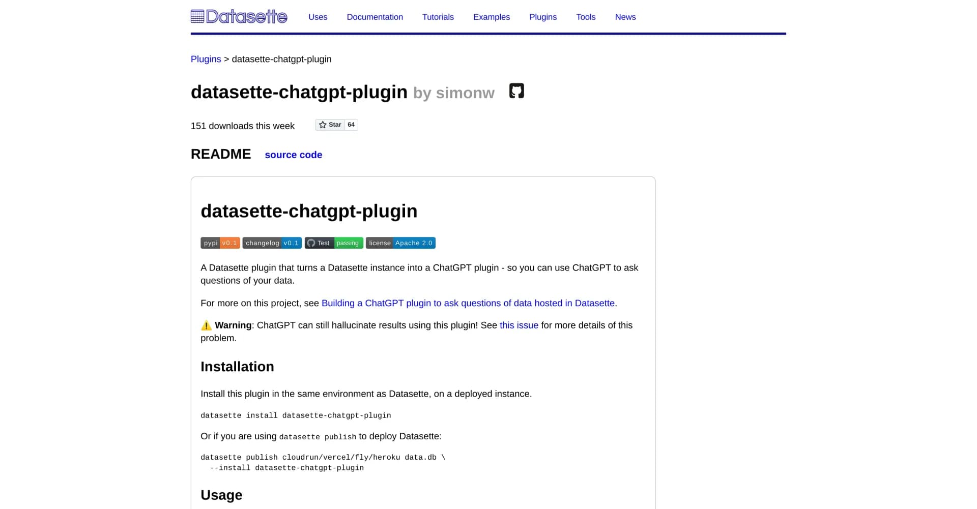 Datasette ChatGPT plugin homepage screenshot — Turn Datasette into a ChatGPT plugin for data queries.