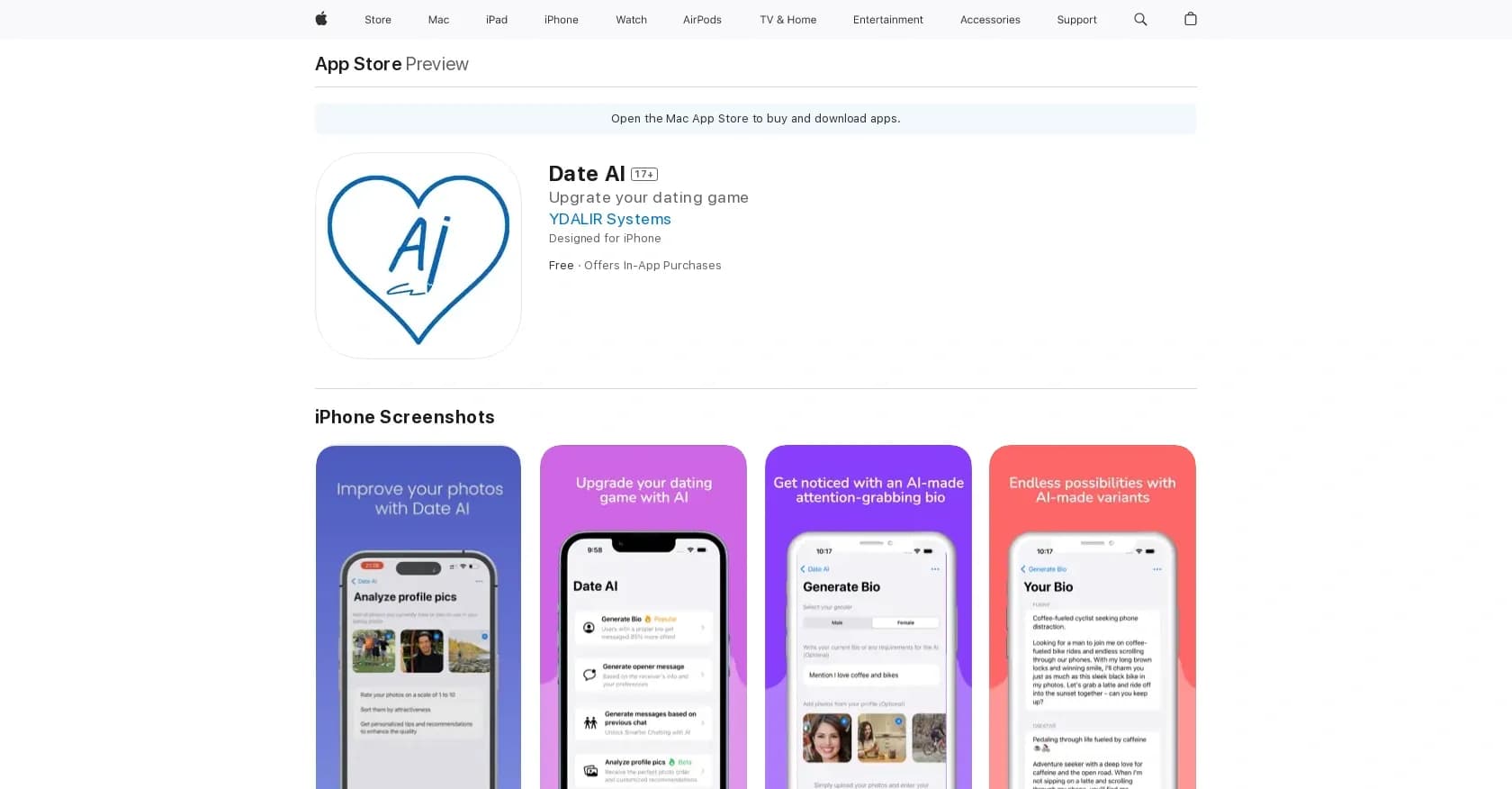 Date AI homepage screenshot — Improves online dating profiles.