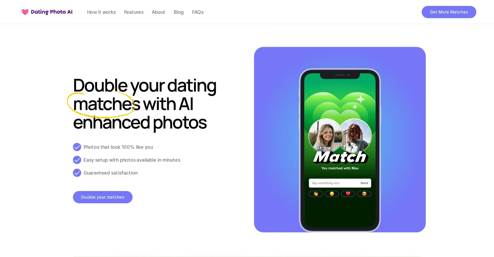 Dating Photo AI homepage screenshot — Boost dating matches with AI-enhanced profile photos.