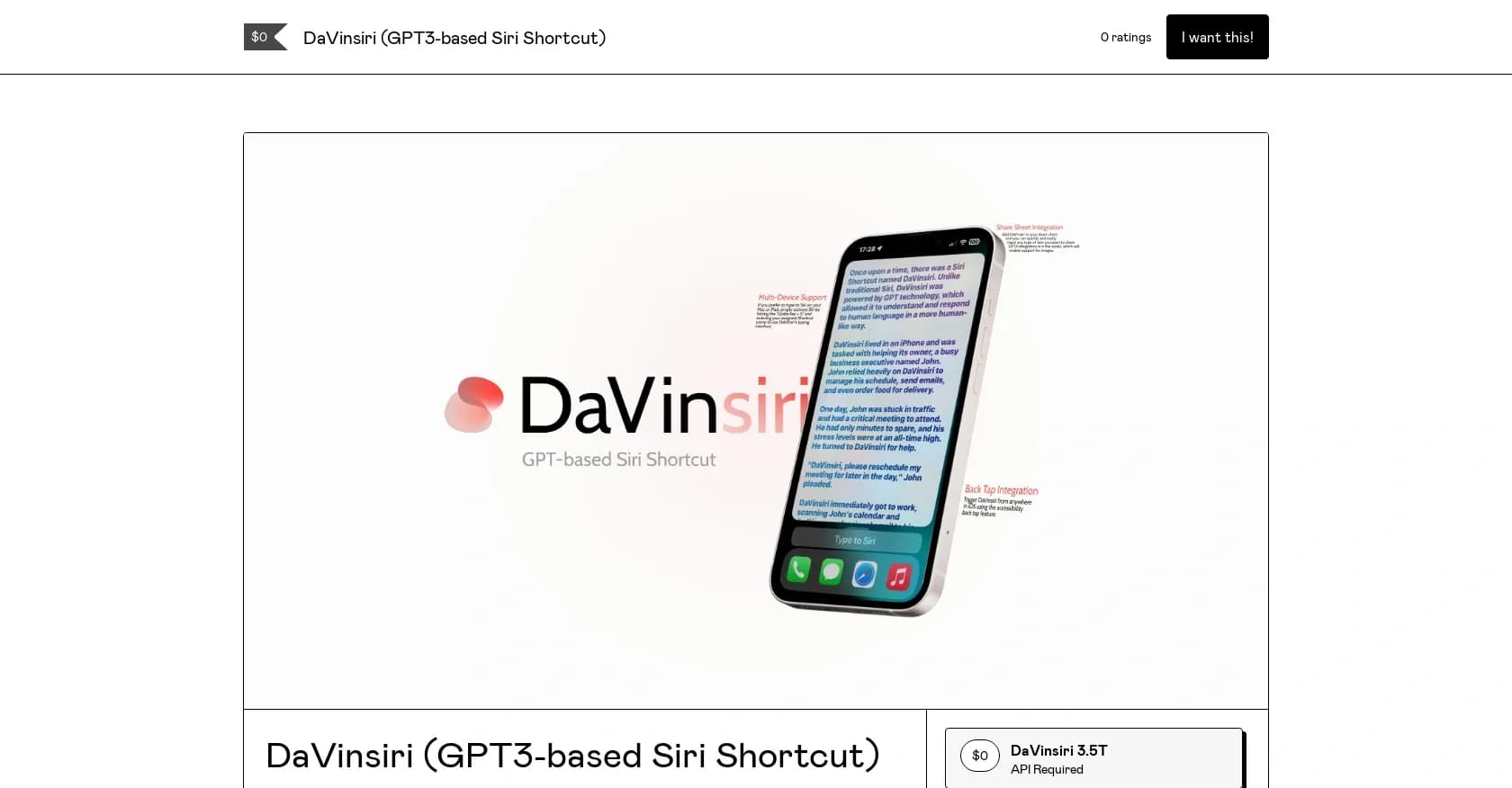 DaVinsiri homepage screenshot — Supercharge communication with AI-powered Siri shortcuts