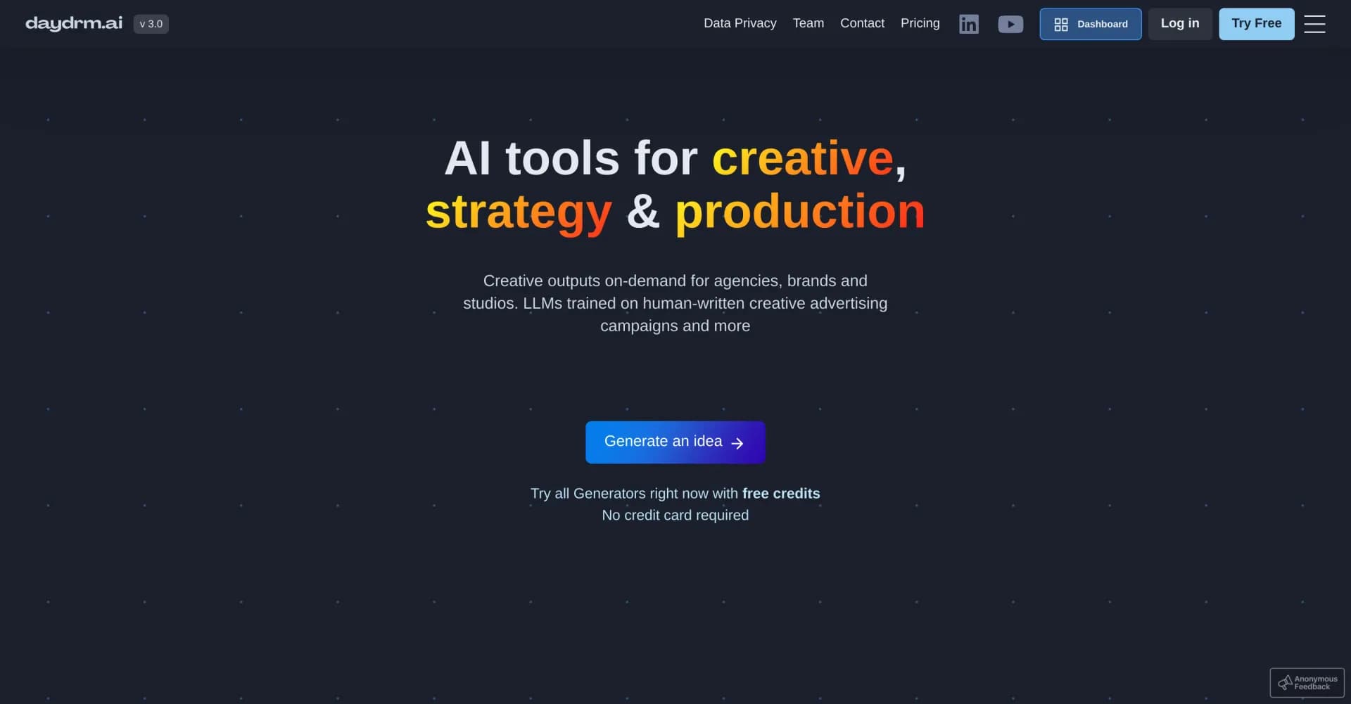 Daydrm.ai homepage screenshot — AI-powered creative concepts for agencies and brands.