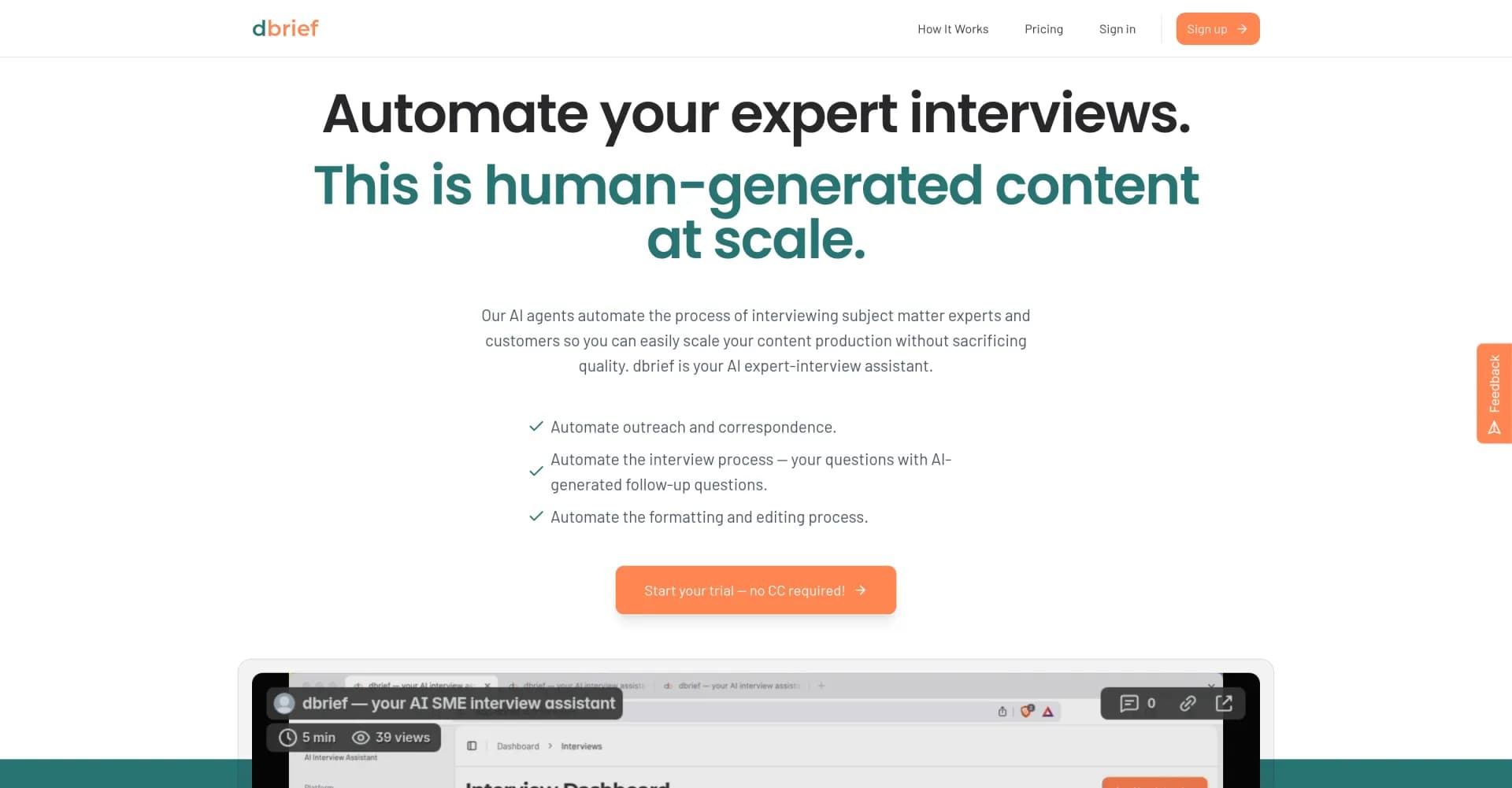 dbrief homepage screenshot — Automate expert interviews for content at scale.