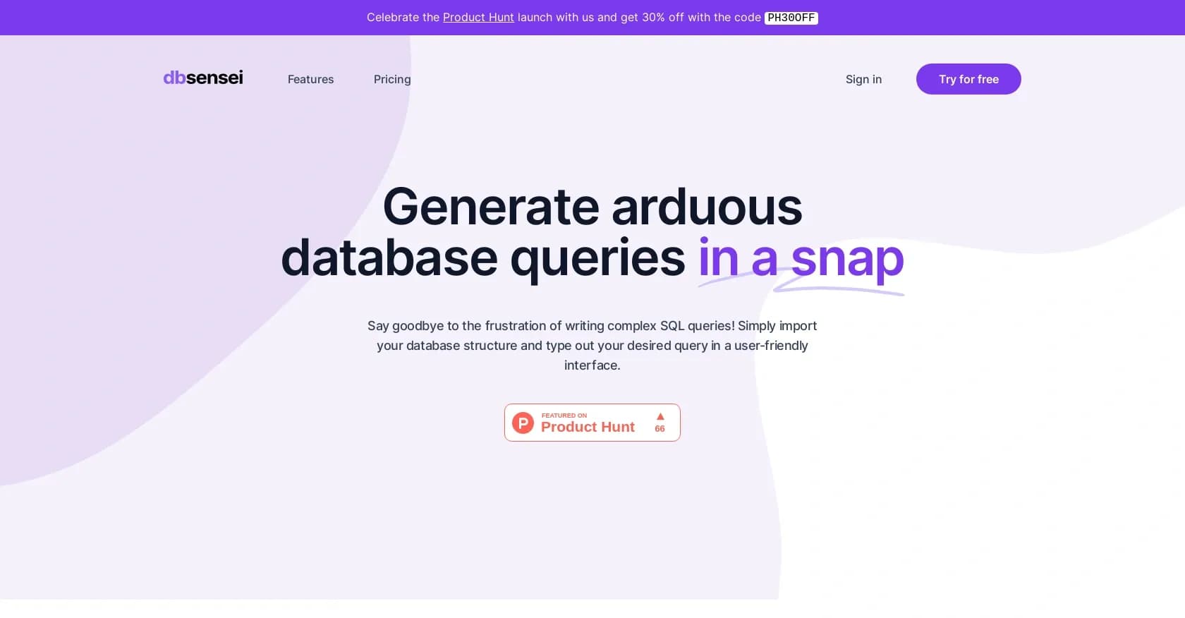 dbsensei homepage screenshot — Generate complex database queries in a snap
