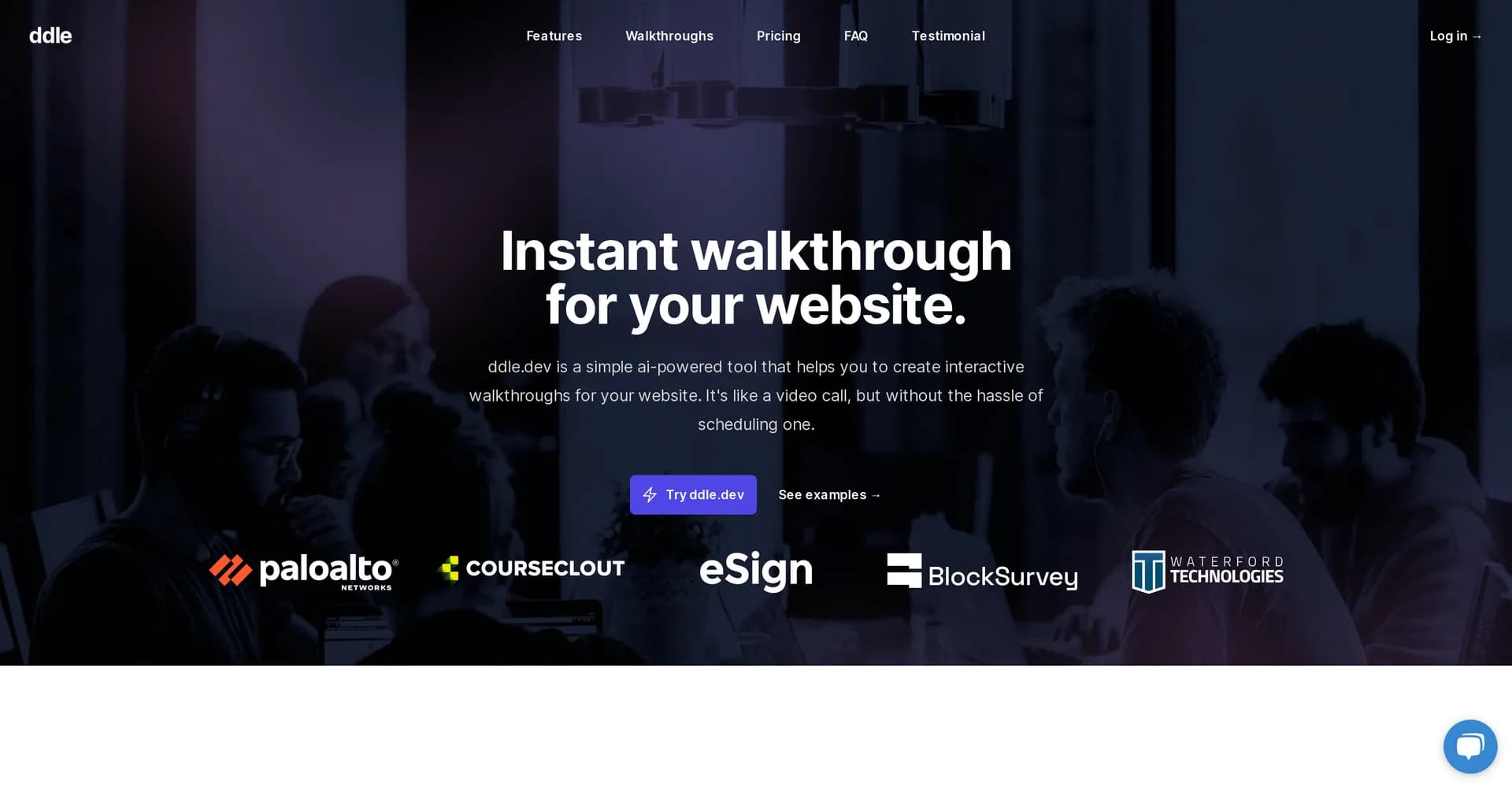 ddle.dev homepage screenshot — Create instant website walkthroughs without coding.