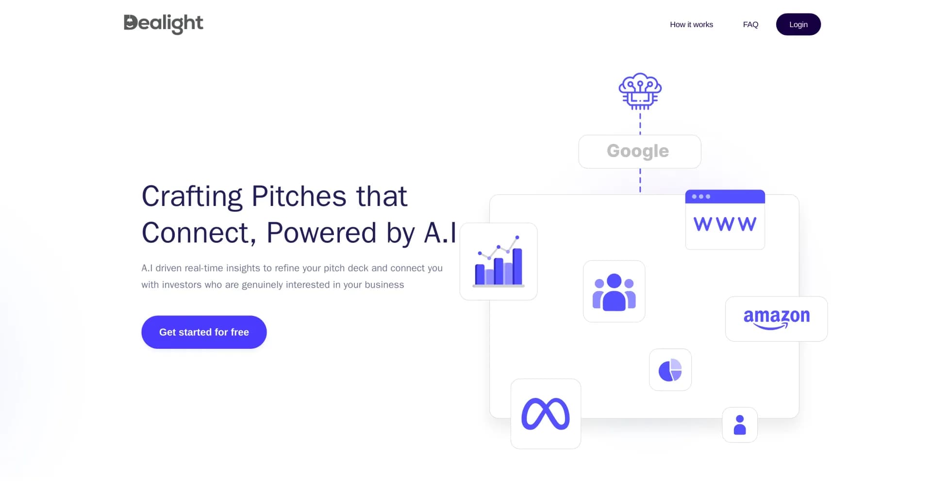 Dealight homepage screenshot — AI-powered pitch refinement and investor matching