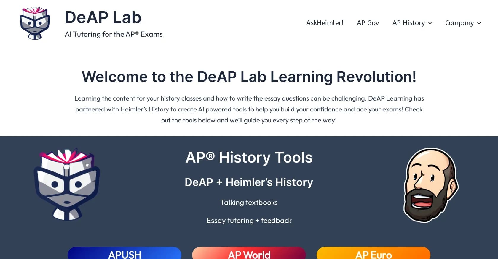 DeAP Learning Labs homepage screenshot — AI-powered tutoring for AP History exams