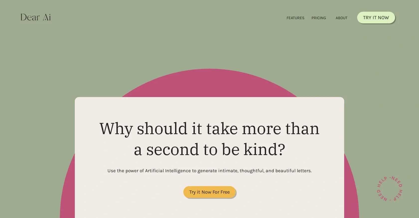Dear Ai homepage screenshot — AI-powered letter writing in seconds