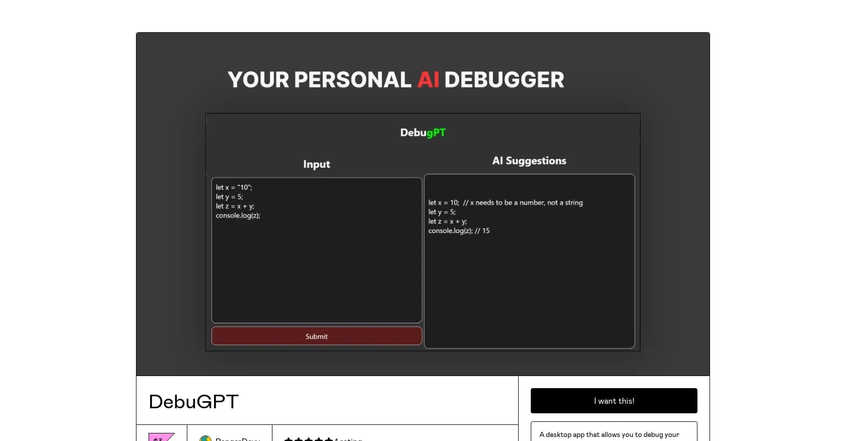 DebugPT homepage screenshot — Your personal AI debugger for perfect code.