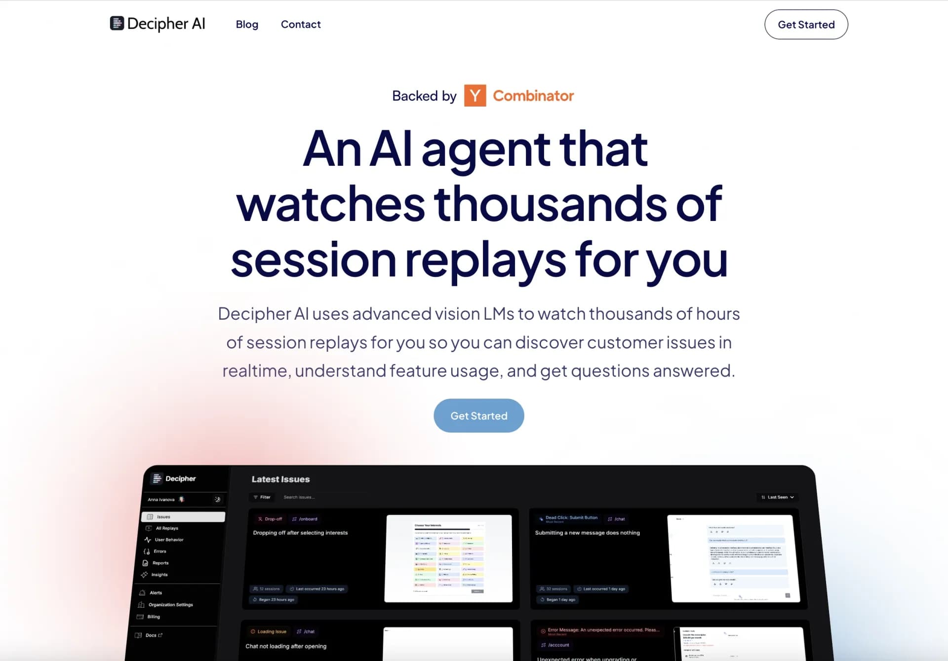 Decipher homepage screenshot — AI that analyzes your session replays to uncover issues and 