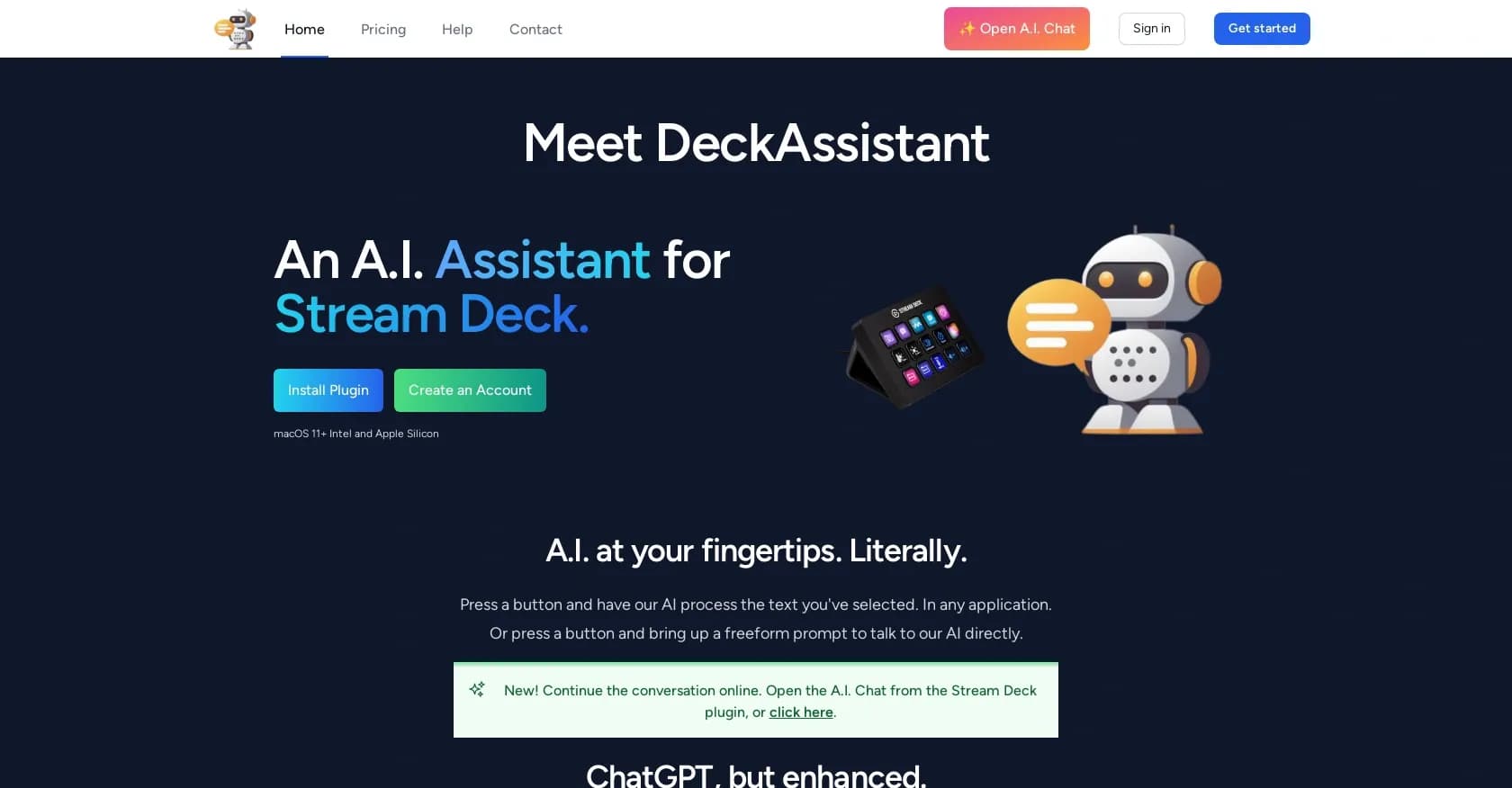 DeckAssistant homepage screenshot — AI assistant for Stream Deck at your fingertips.