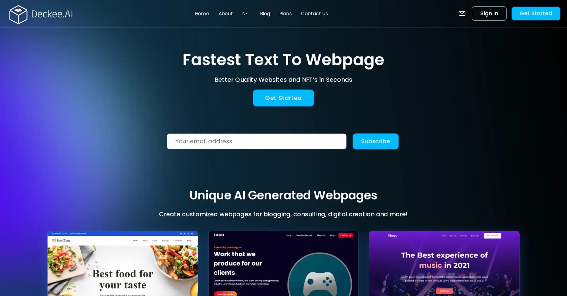 Deckee homepage screenshot — Swiftly create blockchain websites and tokens with AI on Dec