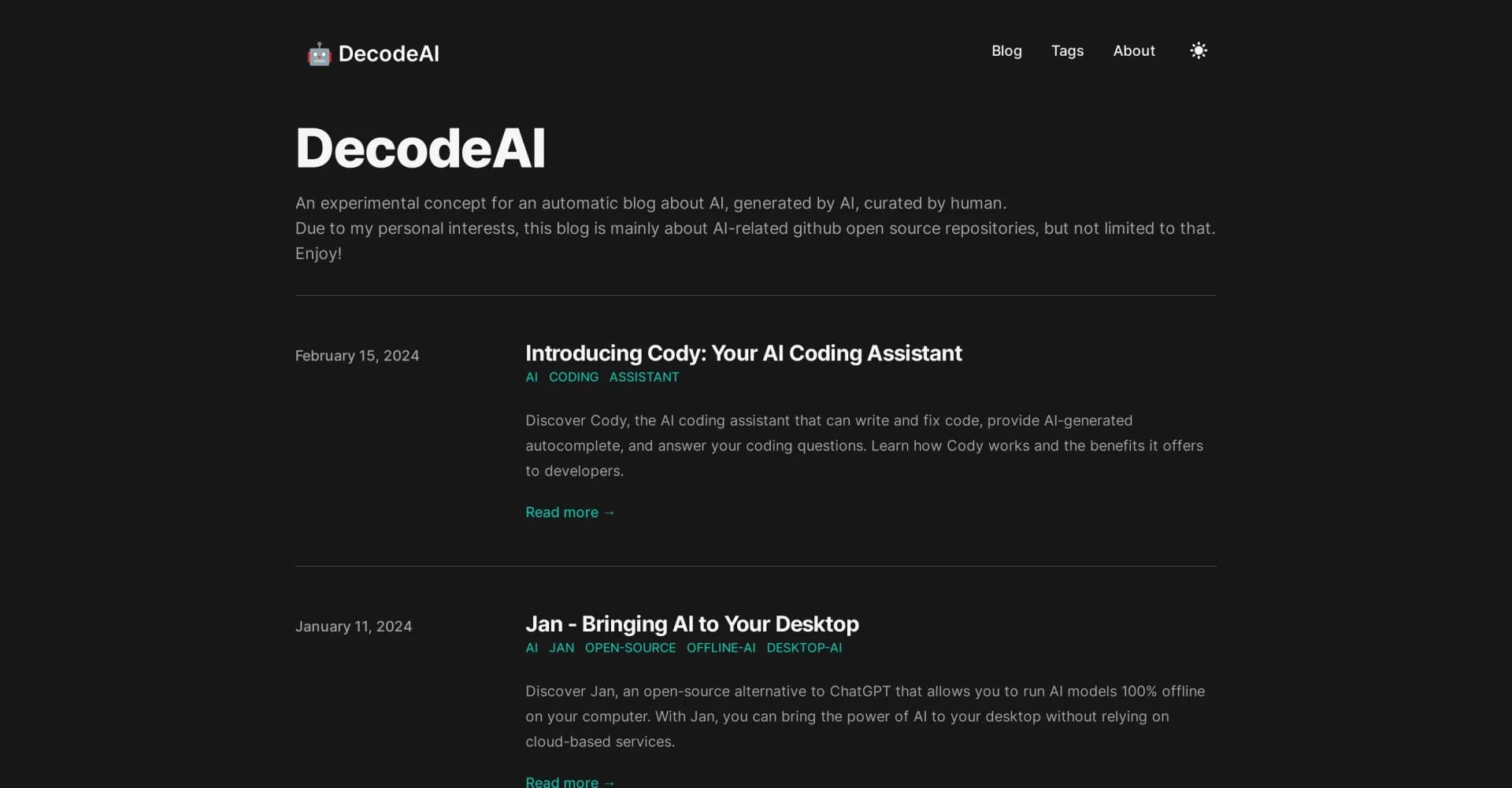 DecodeAI homepage screenshot — AI-generated blog about AI, curated by humans