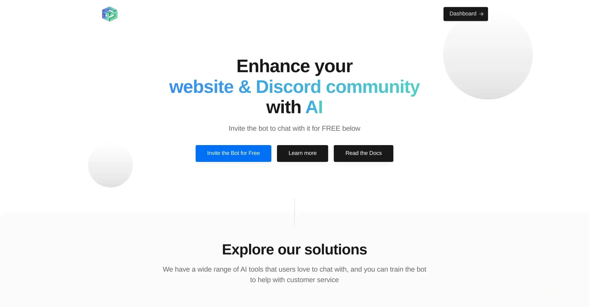 DecoderAI homepage screenshot — AI-powered bots for Discord and websites