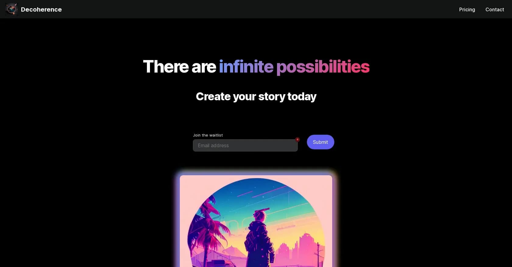 Decoherence homepage screenshot — Create infinite story possibilities with AI-generated visual