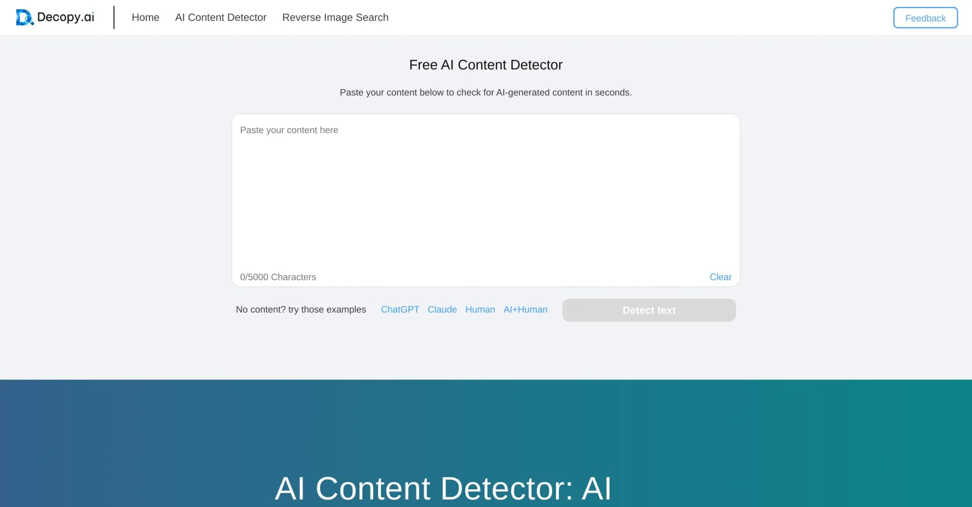 Decopy homepage screenshot — Spot AI-generated text with precision.