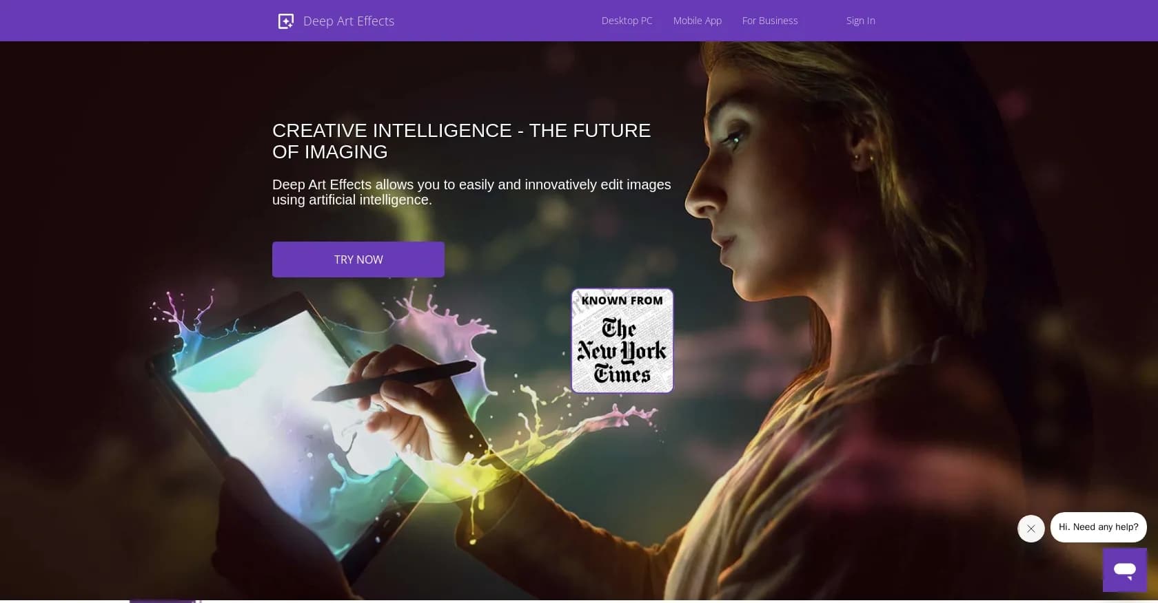 Deep Art Effectsv1.2.8 homepage screenshot — Enhancing images with famous artistic styles.