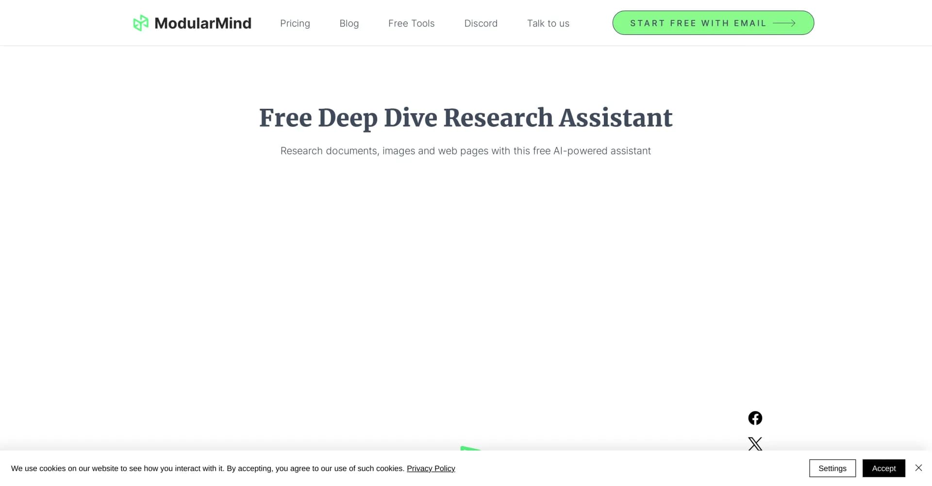 Deep Dive Research Assistant homepage screenshot — AI-powered research assistant for diverse content analysis.