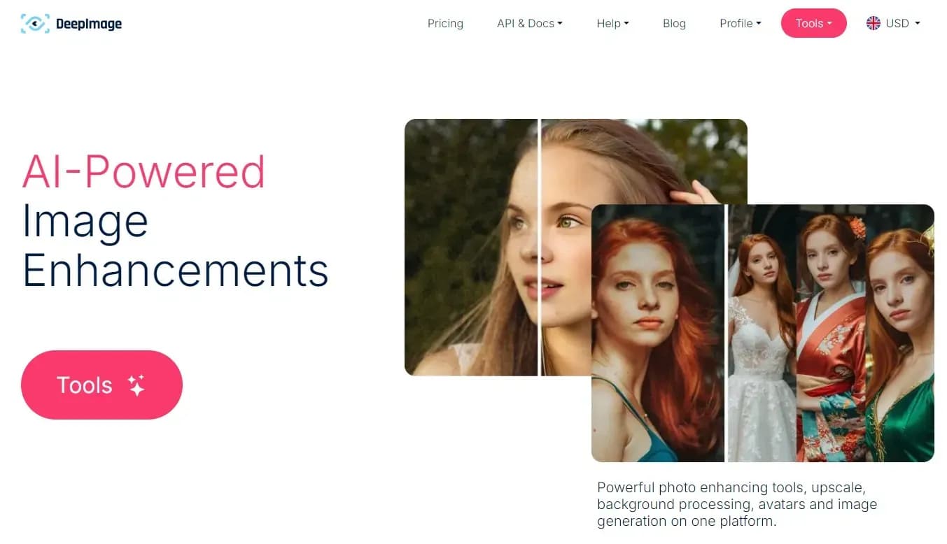 Deep Image homepage screenshot — Enhance photos with advanced editing features.