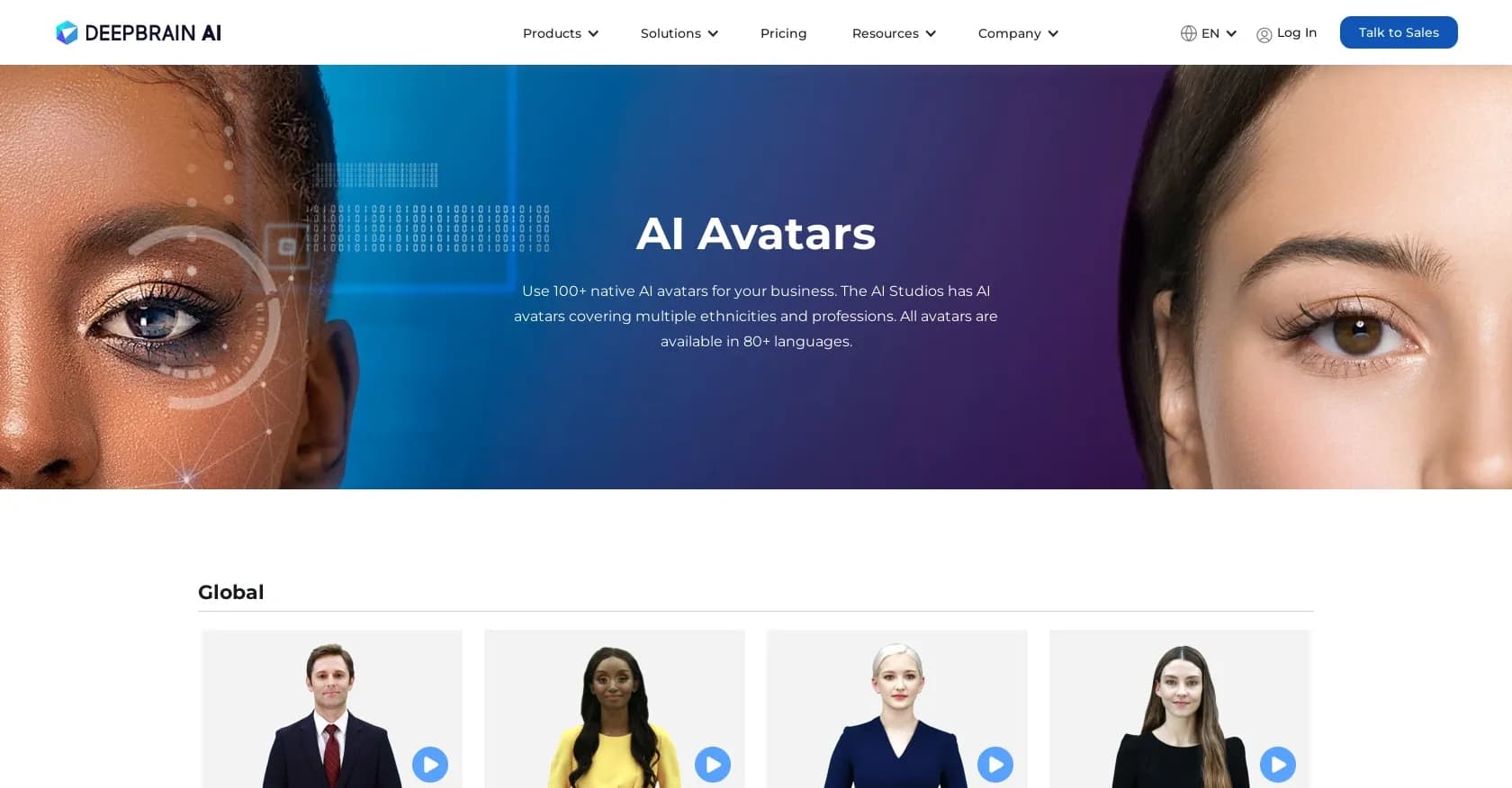 DeepBrain AIavatars homepage screenshot — Diverse AI avatars perfect for your business