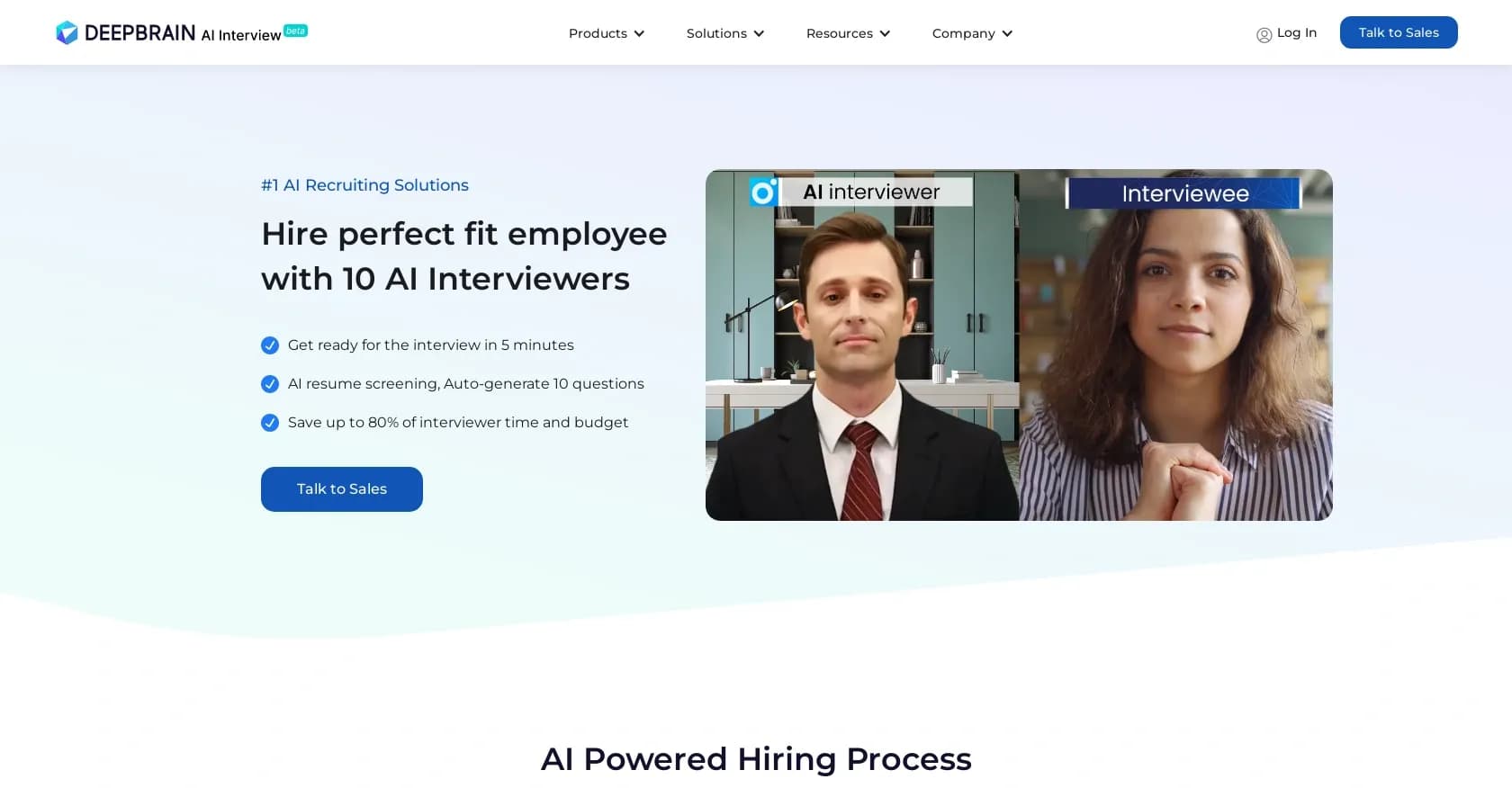 DeepBrain AIInterview homepage screenshot — AI-powered interviews for smarter hiring