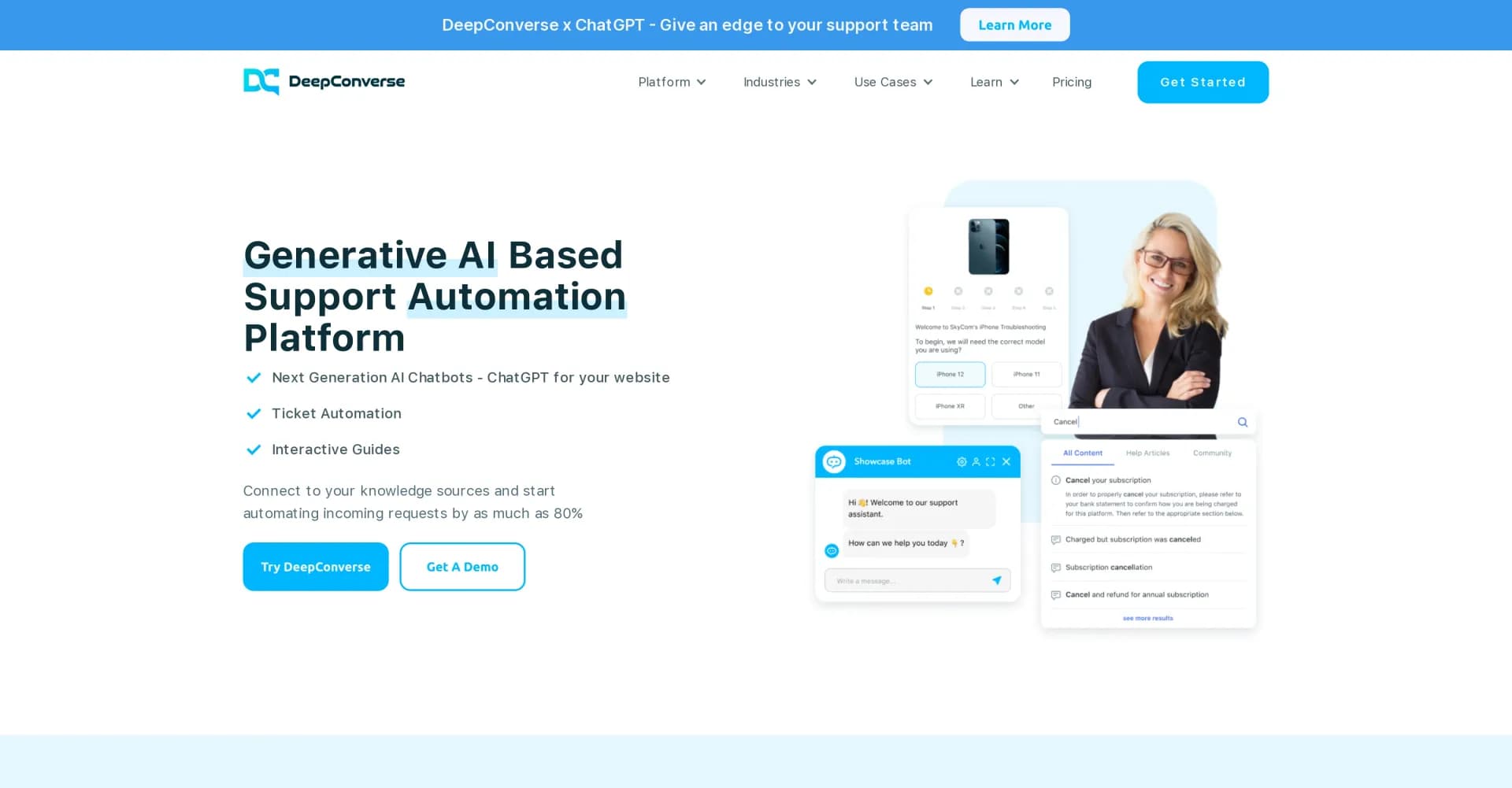 DeepConverse homepage screenshot — AI chatbot for seamless customer service automation