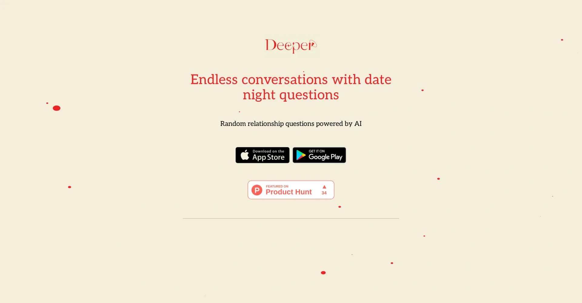Deeper homepage screenshot — AI-powered date night questions for endless conversations