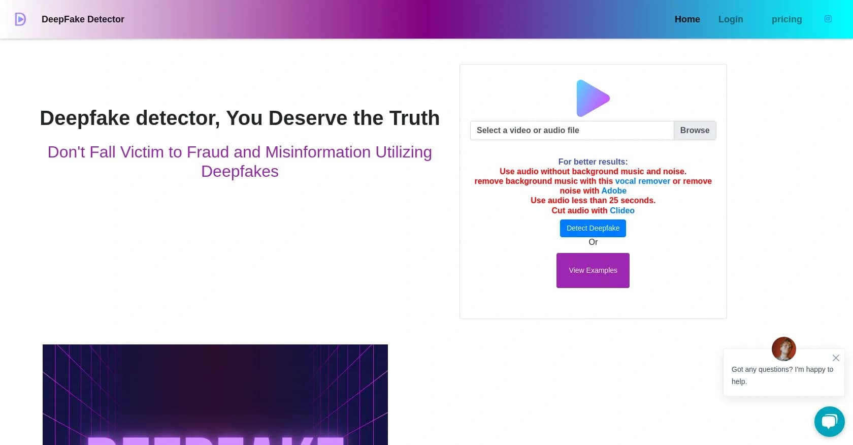 Deepfake Detector homepage screenshot — Verify authenticity of videos and audios.
