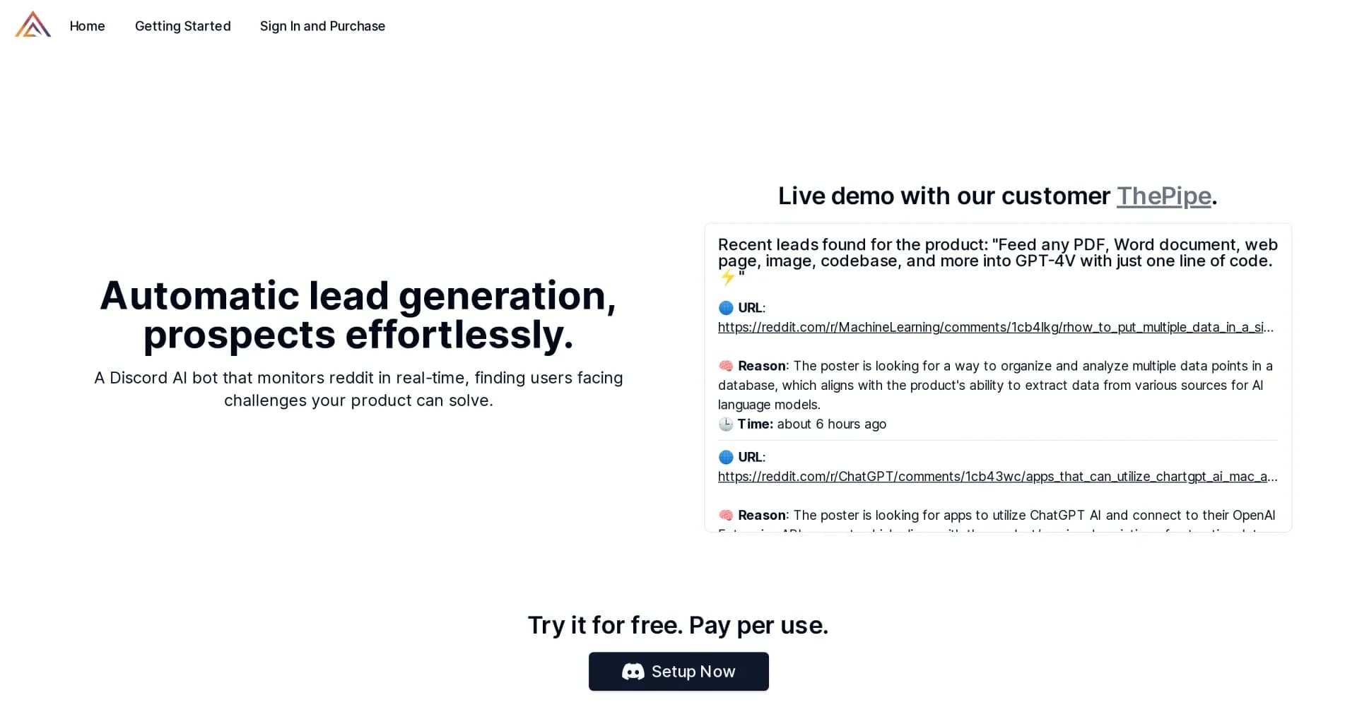 DeepGaze homepage screenshot — AI bot finds product-ready leads on Reddit