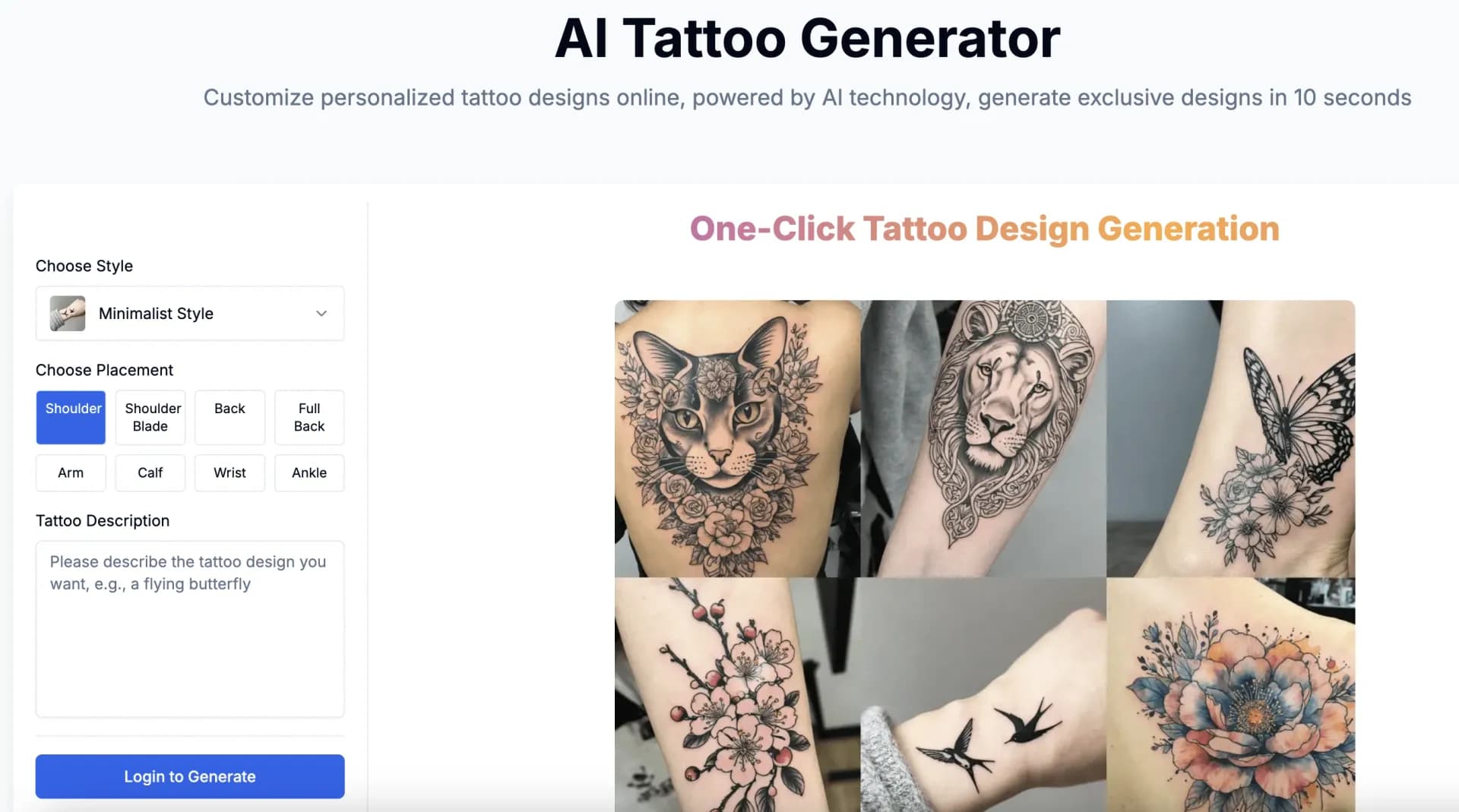 DeepMaker AI Tattoo Generator homepage screenshot — Generate custom tattoo designs instantly with AI