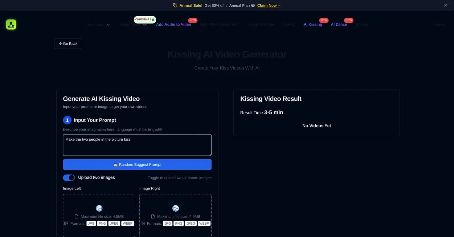 DeepNostalgia AI Kissing Video Generator homepage screenshot — Create romantic kissing videos from images with AI.