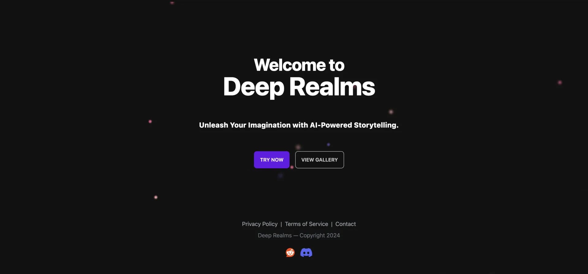 Deeprealms homepage screenshot — Explore AI-generated text worlds