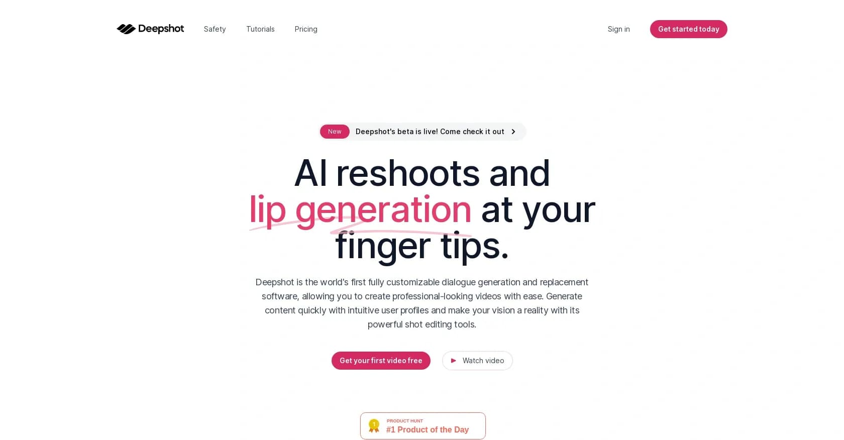 Deepshot homepage screenshot — AI dialogue generation for effortless video creation.