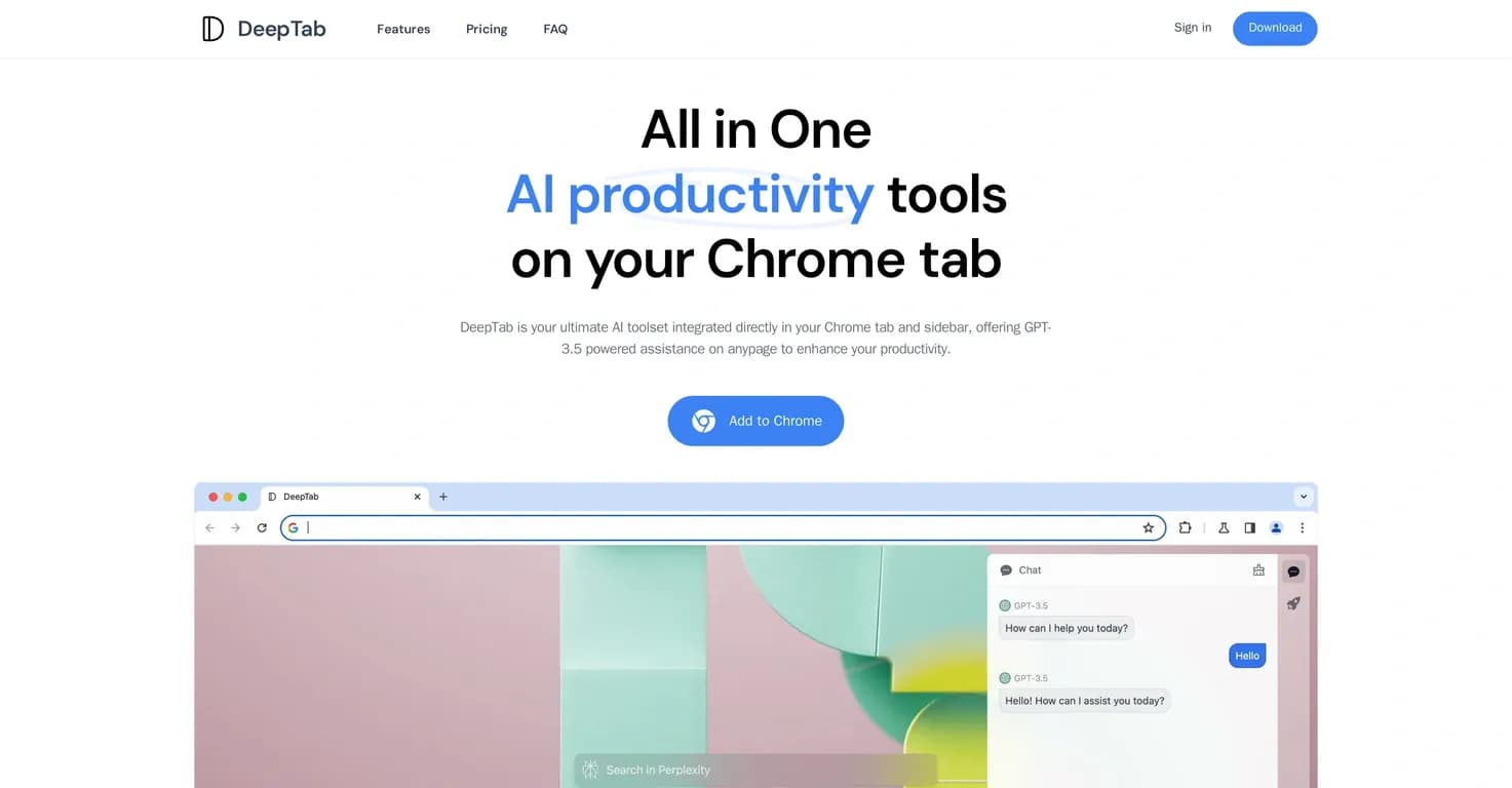 DeepTab homepage screenshot — AI toolset for Chrome: Boost productivity on any page.
